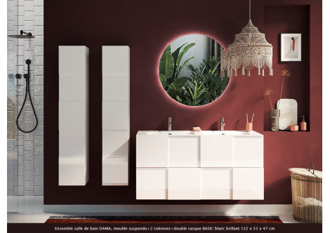 Ensemble salle de bain DAMA, meuble suspendu 1m22+2 colonnes+ miroir rond+double vasque BASIC blanc brillant 122 x 53 x 47 cm