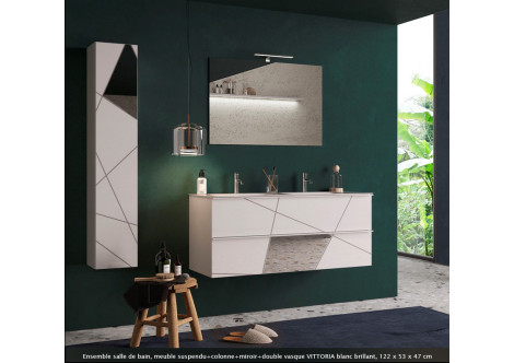 Ensemble salle de bain, meuble suspendu+colonne+miroir+double vasque VICTORIA blanc brillant, 122 x 53 x 47 cm